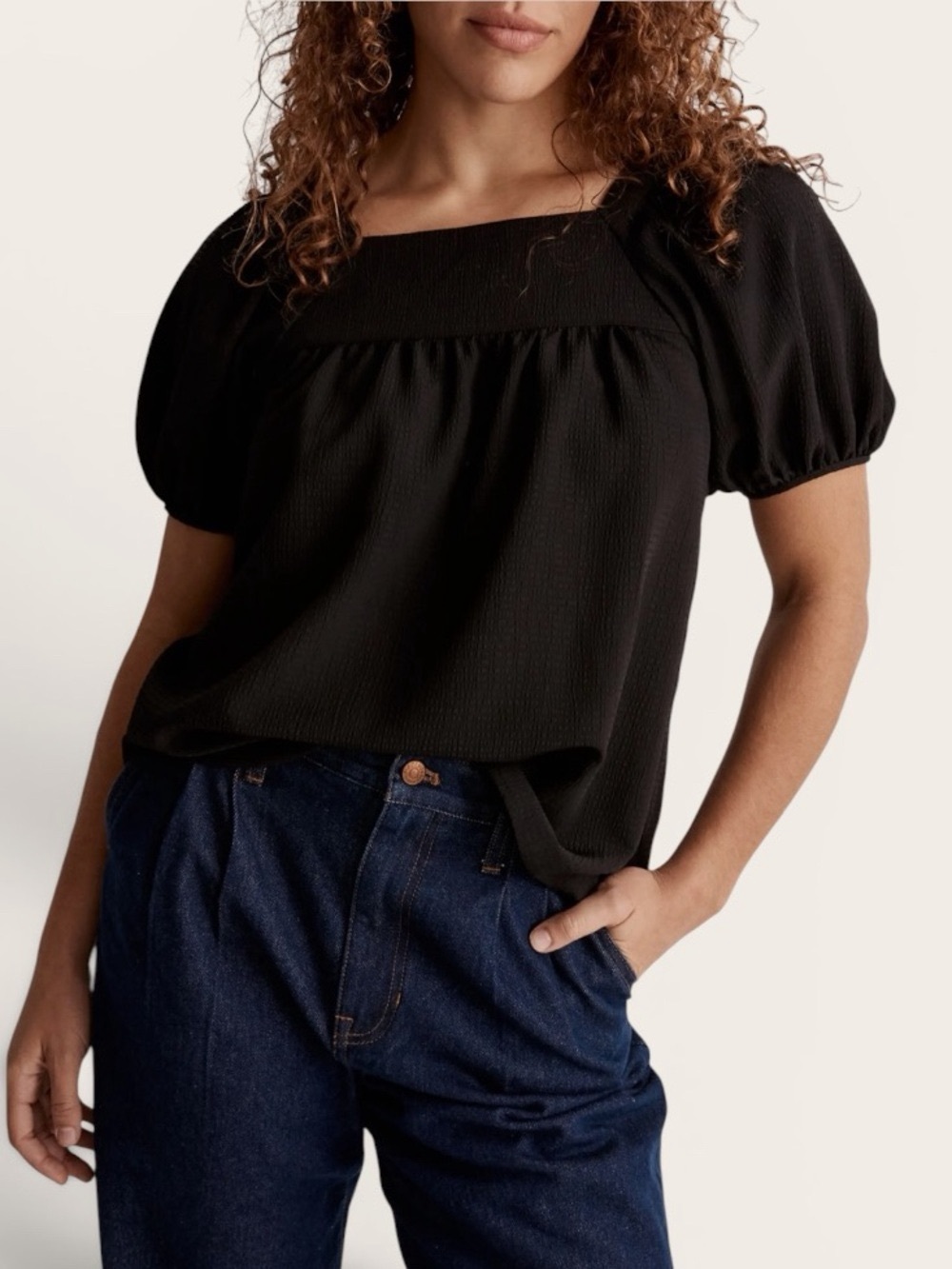 Square Neck Puff Sleeve Blouse - Black